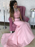 A Line Halter Two Piece Appliques Satin Pink Prom Dress LBQ2807